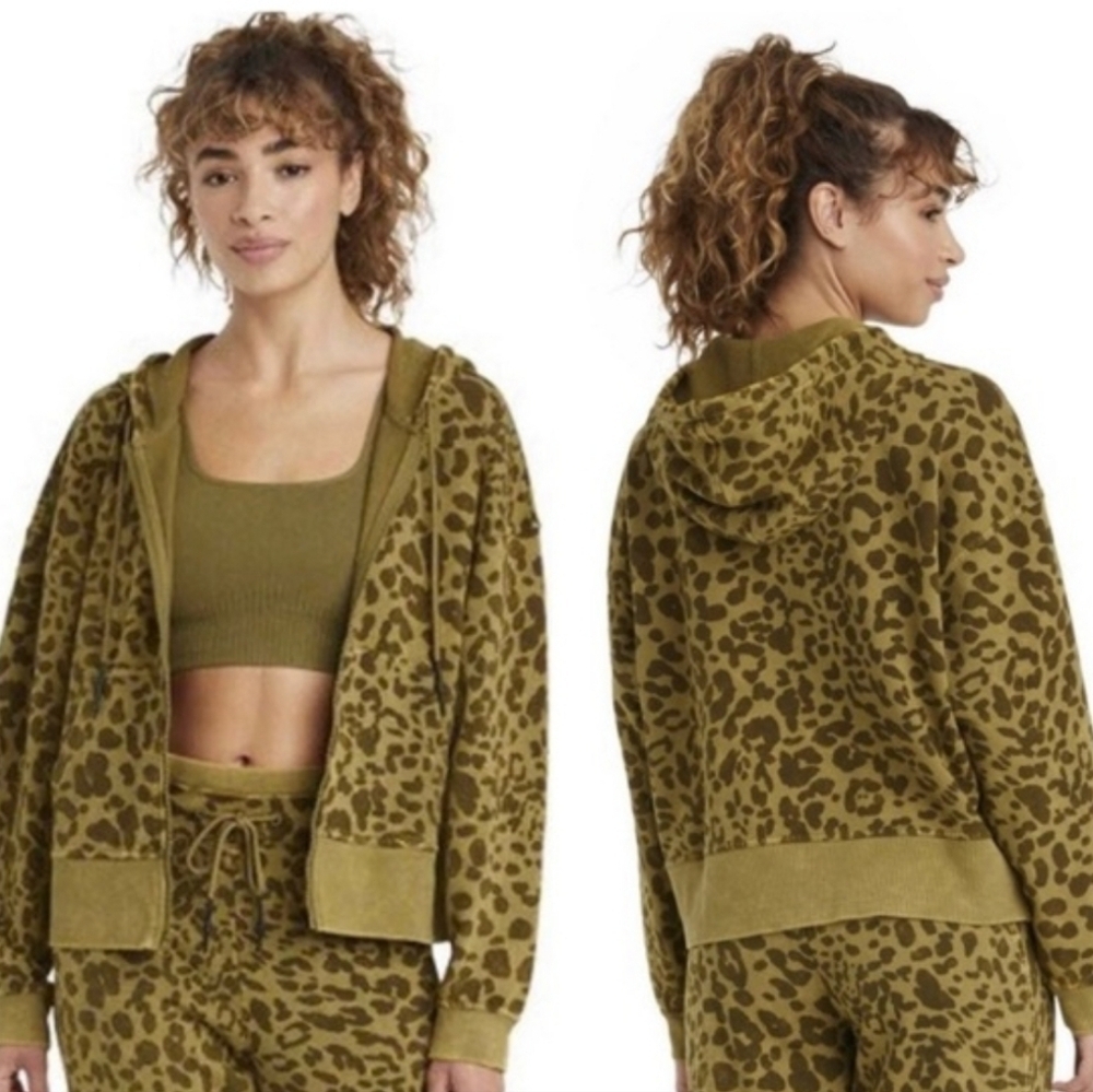JoyLab Women's Leopard Print Full Zip French Terry Acid Wash Hooded Sweatshirt S